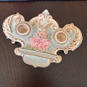 Vintage RARE Porcelain Handpainted Roses and Gold Ornate Inkwell